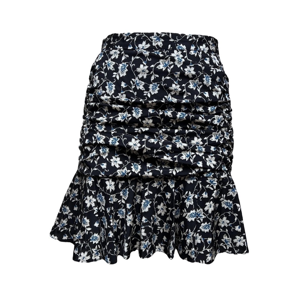 Veronica Beard Black Floral Ruched Mini Skirt with White & Blue Flowers
